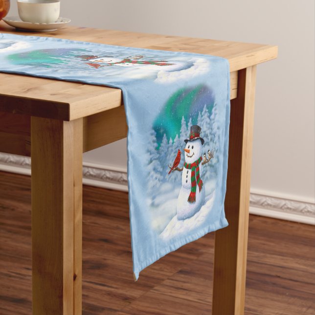 Happy Christmas Snowman & Birds Winter Scene Medium Table Runner (In Situ)