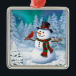 Happy Christmas Snowman & Birds Winter Scene Metal Ornament<br><div class="desc">A jolly snowman in a winter scene with cute birds perched on its arms.</div>