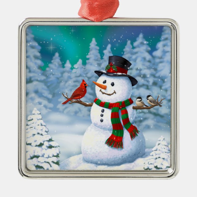 Happy Christmas Snowman & Birds Winter Scene Metal Ornament (Front)