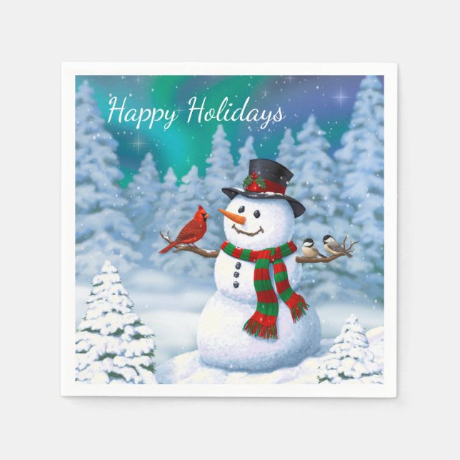Happy Christmas Snowman & Birds Winter Scene Napkin (Front)