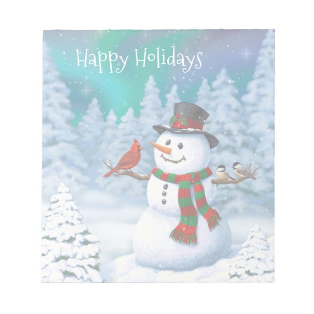 Happy Christmas Snowman & Birds Winter Scene Notepad (Front)