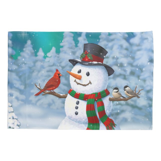 Happy Christmas Snowman & Birds Winter Scene Pillowcase (Back-Left)