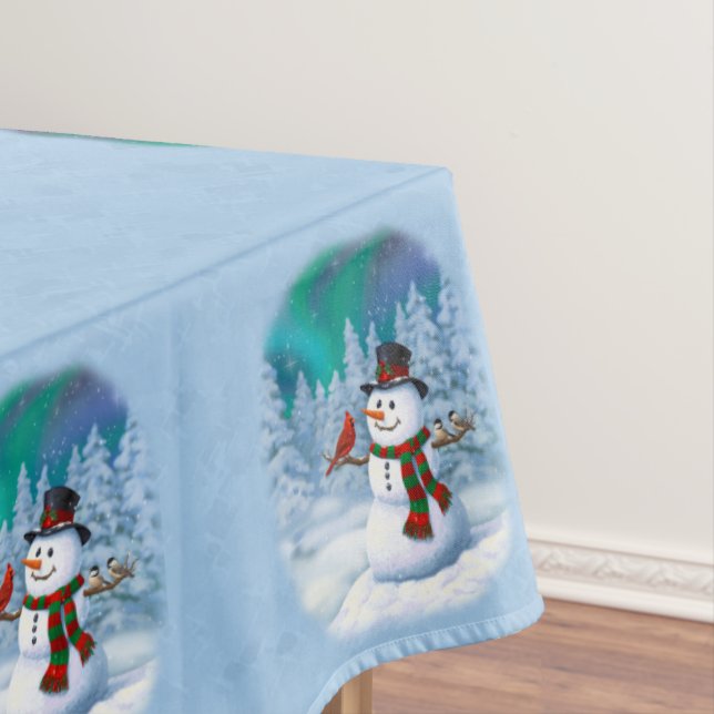 Happy Christmas Snowman & Birds Winter Scene Tablecloth (In Situ)