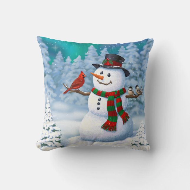 Happy Christmas Snowman & Birds Winter Scene Throw Pillow (Front)