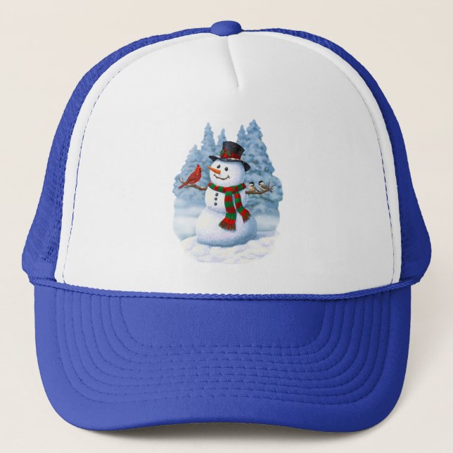 Happy Christmas Snowman & Birds Winter Scene Trucker Hat (Front)