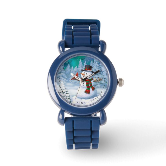 Happy Christmas Snowman & Birds Winter Scene Watch (Front)