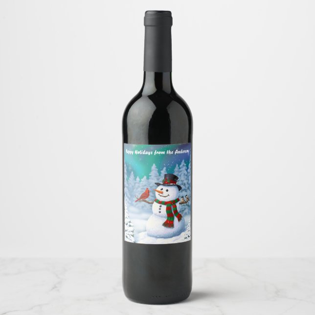 Happy Christmas Snowman & Birds Winter Scene Wine Label (Front)