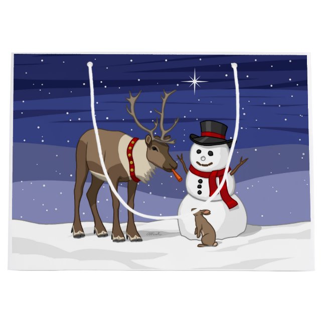 Happy Christmas Snowman & Cute Reindeer Large Gift Bag (Front)