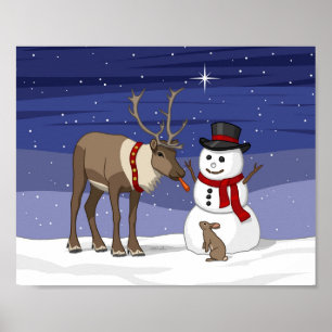 Happy Christmas Snowman & Cute Reindeer Poster
