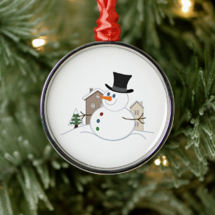 Happy Christmas Snowman Illustration Metal Ornament