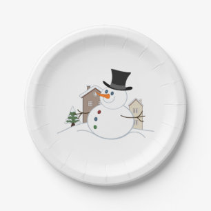 Happy Christmas Snowman Illustration Paper Plate
