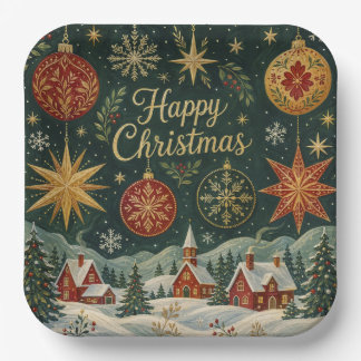 Happy Christmas Snowy Village Red and Gold Folk Ar Paper Plate