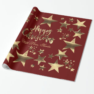 Happy Christmas Stars Red Gold Elegant Script Wrapping Paper