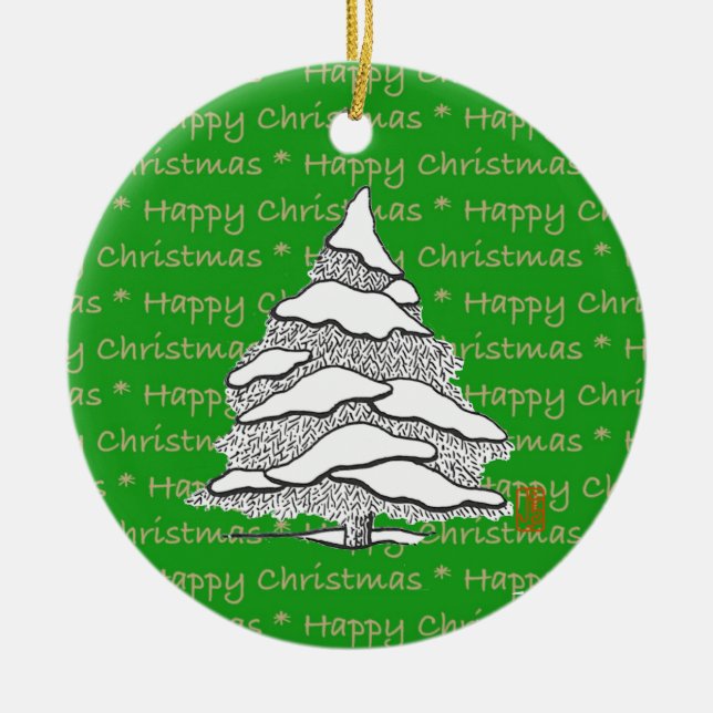 Happy Christmas Tree Round Ceramic Ornament (Front)