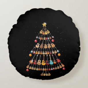 Happy Christmas Ukulele Instrument Christmas Tree Round Pillow