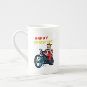 Happy Christmas Vintage Santa Biker Retro Holiday Bone China Mug