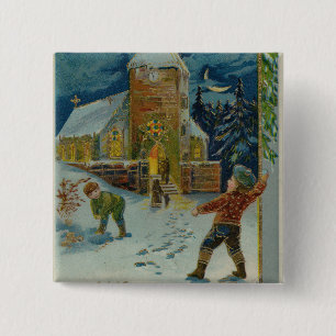 Happy Christmas - Vintage snowball fight postcard 2 Inch Square Button