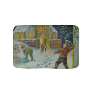 Happy Christmas - Vintage snowball fight postcard Bath Mat