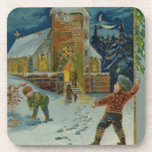 Happy Christmas - Vintage snowball fight postcard Coaster