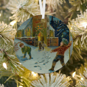 Happy Christmas - Vintage snowball fight postcard Metal Ornament