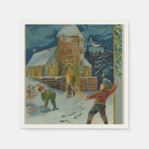 Happy Christmas - Vintage snowball fight postcard Napkin