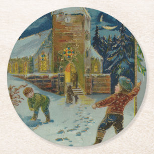 Happy Christmas - Vintage snowball fight postcard Round Paper Coaster