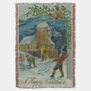 Happy Christmas - Vintage snowball fight postcard Throw Blanket