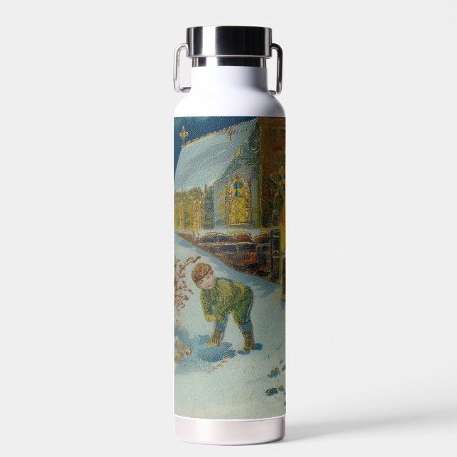 Happy Christmas - Vintage snowball fight postcard Water Bottle (Front)