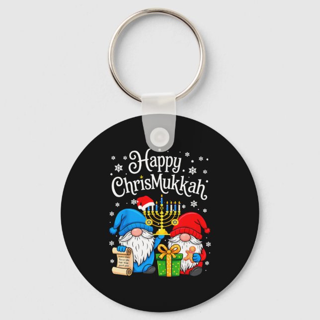 Happy Christmukkah Hanukkah Christmas Gnome Xmas F Keychain (Front)