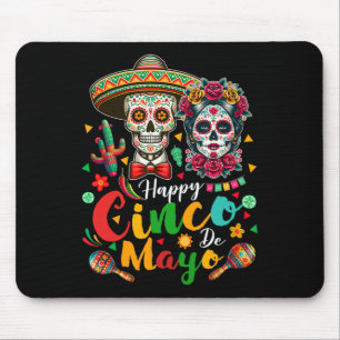 Happy Cinco De Mayo Couple Floral Skulls Sombrero Mouse Pad
