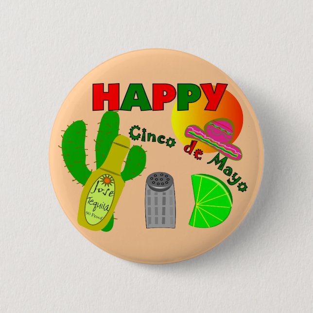 "Happy Cinco de Mayo" Lime, Tequila & Salt Design 2 Inch Round Button (Front)