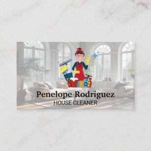 Happy Cleaning Lady with Her Equipment Business Card