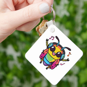 Happy cockroach with headphones listening to music keychain