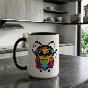 Happy cockroach with headphones listening to music mug