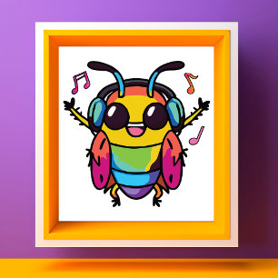 Happy cockroach with headphones listening to music photo print