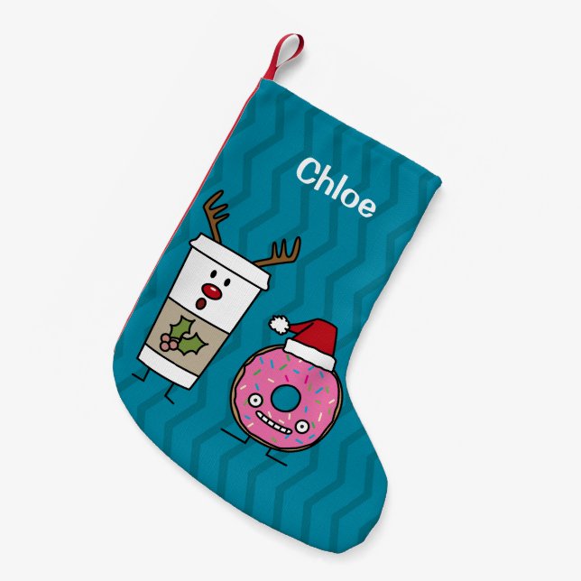 Happy Coffee Reindeer and Doughnut Santa Hat Small Christmas Stocking (Front (Hanging))