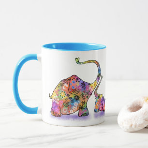 Happy Colorful Mother and Baby Elephant Mug