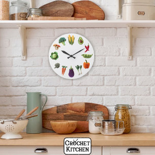 Happy Colourful Crochet Vegetable Mushroom Collage Large Clock