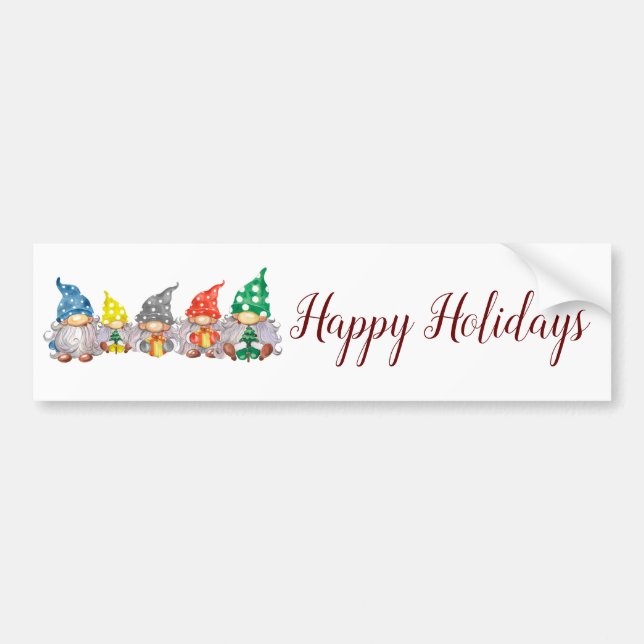 Happy colourful gnomes elegant script holiday bumper sticker (Front)