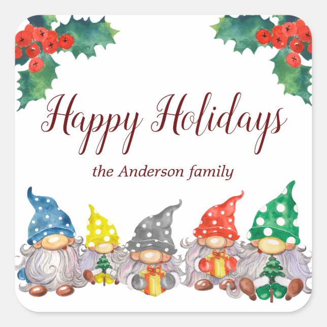 Happy colourful gnomes elegant script holiday square sticker (Front)