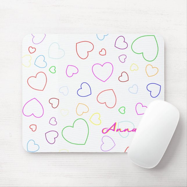 Happy Colourful Hearts Custom Name Mousepad (With Mouse)