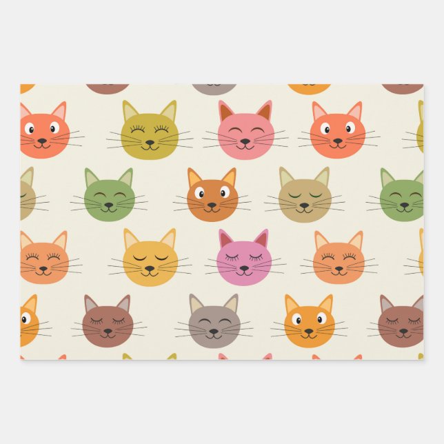 Happy  Colourful kawaii Cartoon Cats pattern    Wrapping Paper Sheet (Front)