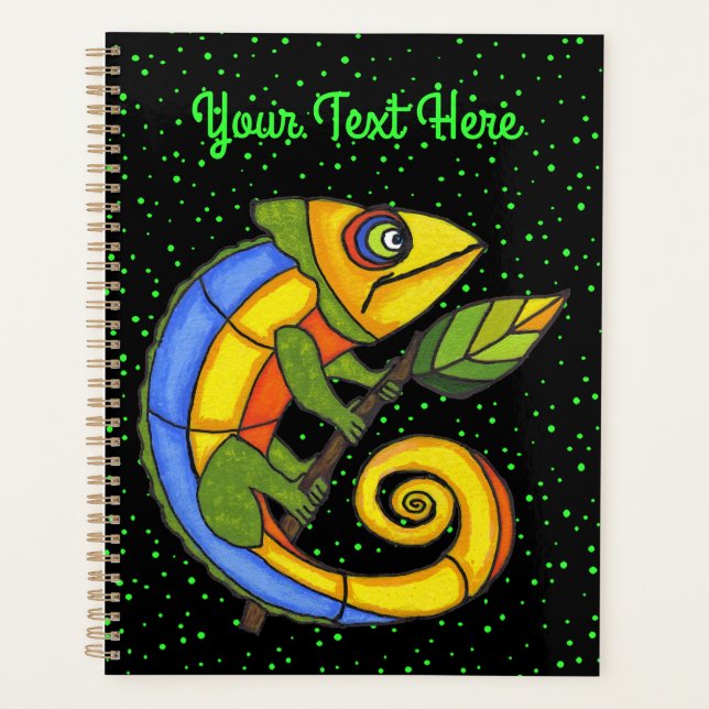 Happy Colourful Lizard Big Eyes Leaf Green Dots Planner (Front)