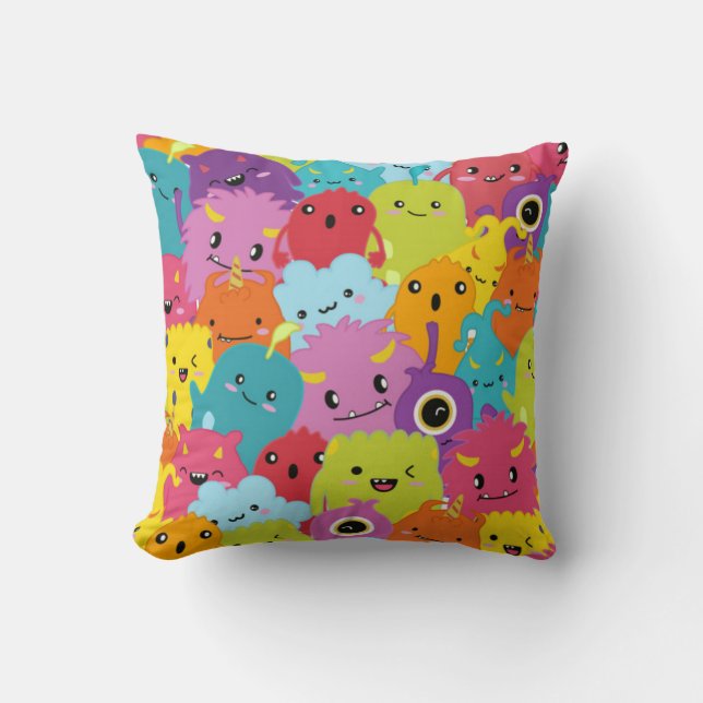 Happy Colourful Monsters Pattern Throw Pillow (Front)
