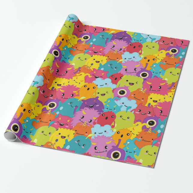 Happy Colourful Monsters Pattern Wrapping Paper (Unrolled)