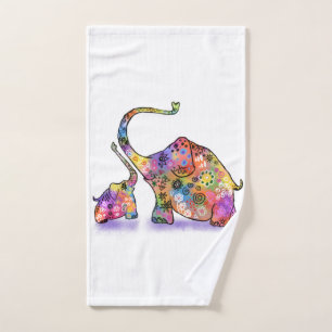 Happy Colourful Mother and Baby Elephant - Drawing Bath Towel Set