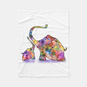 Happy Colourful Mother and Baby Elephant - Drawing Fleece Blanket