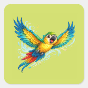 Happy Colourful Parrot in Flight Kawaii Bird Desig Square Sticker