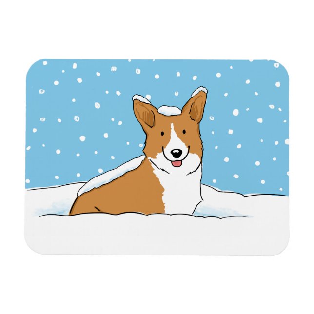 Happy Corgi in the Snow | Cute Winter Holiday Dog Magnet (Horizontal)