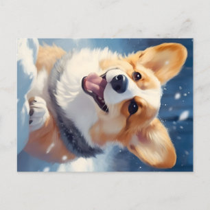 Happy Corgi playing in snow Holiday Postcard